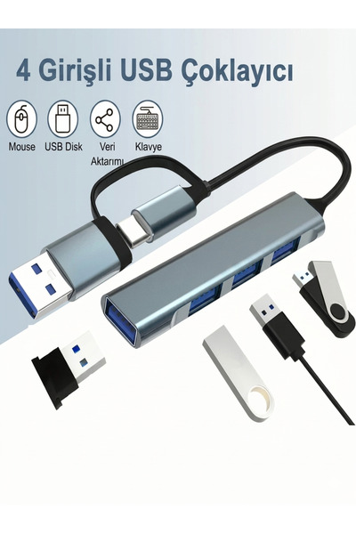Osqar Zey Type C USB Çoklayıcı 3.0 Usb Çoğaltıcı 4 Port Hem Type C Hem Usb Gi...
