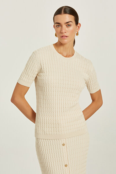 Triko Mısırlı Beige Knitted Textured Women's Sweater