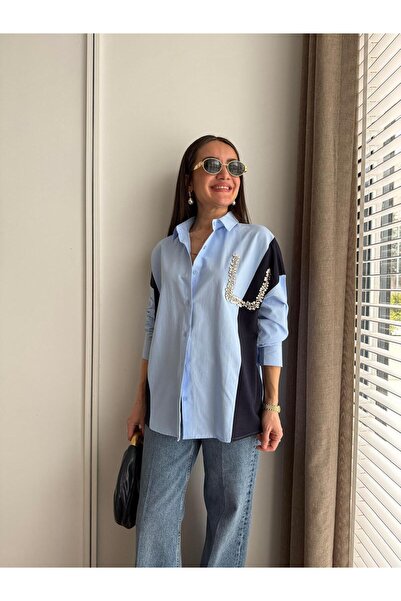 QİMYA BUTİK NOX Γυναικείο Βαμβακερό Πουκάμισο με Πέτρες στο Στήθος, Χτενισμέν...