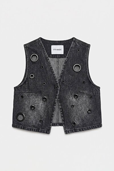 it's basic Γυναικείο τζιν γιλέκο σε σκούρο καπνιστό χρώμα 2s6-1 Crop Fit με σ...