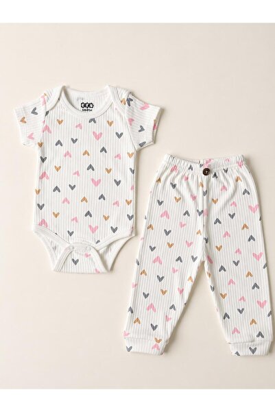 2pcs Heart Pattern Cotton Baby Girl Short Sleeve Bodysuit Pants Set