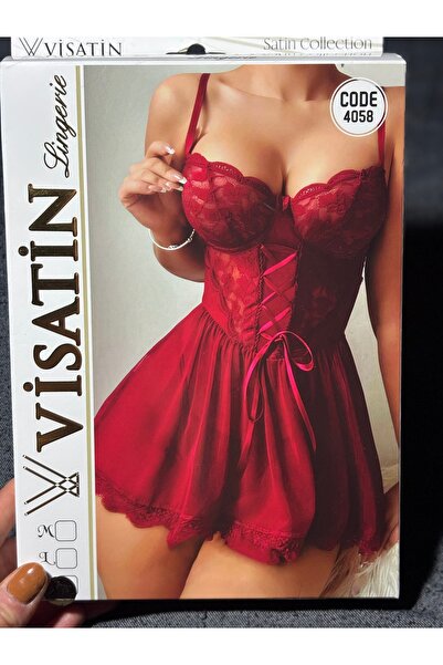 PASSIONE Visatin Kırmızı Dantel Detaylı Babydoll Gecelik