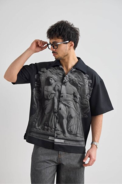 hitup Noir Antik Baskılı Oversize Kısa Kollu Premium Siyah Gömlek