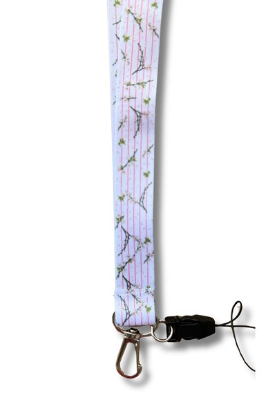 gokmentoy Pink and White Striped Sakura Patterned Neck Lanyard – Card Holder & Keychain & Phone Strap