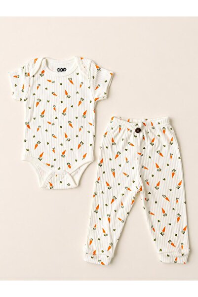 EFU BABY 2'li Havuç Desenli Pamuklu Unisex Bebek Kısa Kol Body Pantolon Takım