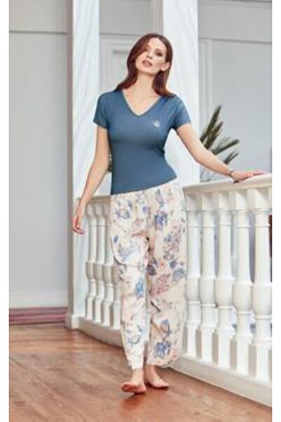 FIRST STYLE Soft Blue Turkish Pajamas with Delicate Printed Pants