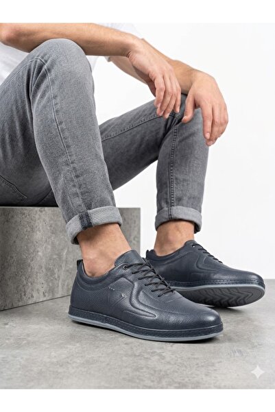 Voyager Erkek Hakiki Deri Lacivert Ortopedik Taban Günlük Sneaker Ayakkabı