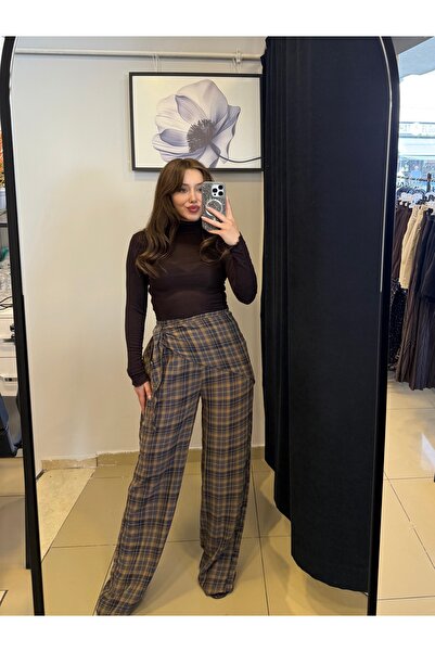 veronna Fular detaylı ekoseli fit pantolon