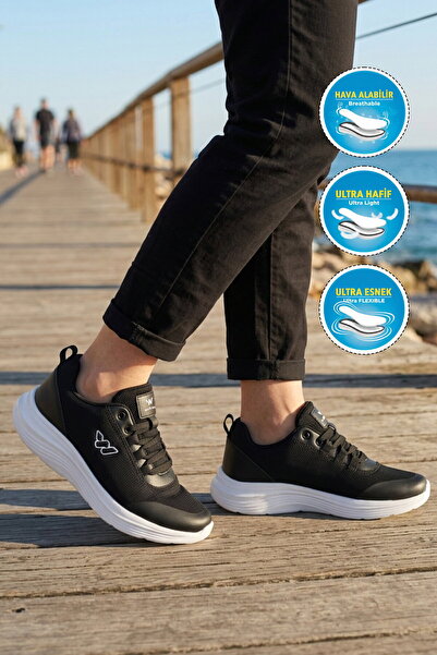 WALKWAY حذاء رياضي أسود وأبيض شبكي خفيف الوزن ومرن وجيد التهوية للجنسين من Pe...
