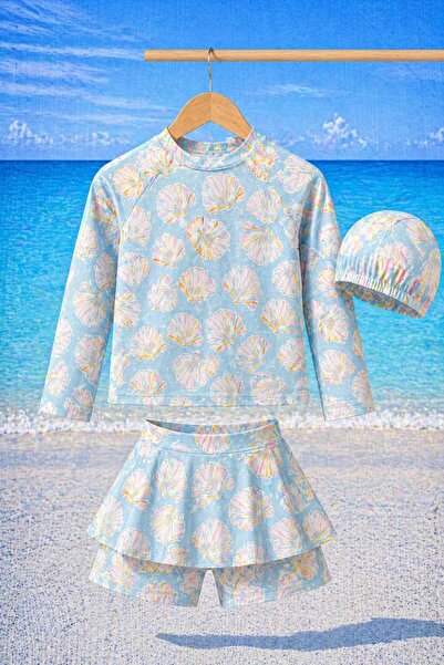 CHİCKİDSWEAR Κοριτσίστικο μακρυμάνικο μαγιό με σχέδια, καπέλο και σορτς με φο...