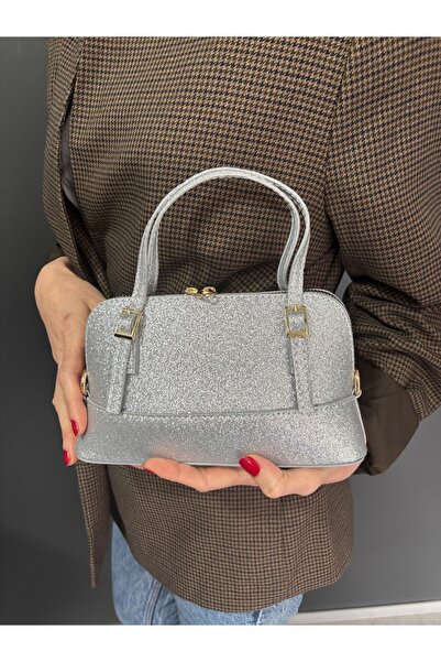 Melos Butik Geantă de mână și crossbody elegantă, argintie, cu sclipici, de d...