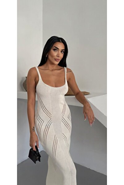 Gülçin Coşkun Γυναικείο μακρύ πλεκτό φόρεμα παραλίας από 100% βαμβάκι, με λεπ...