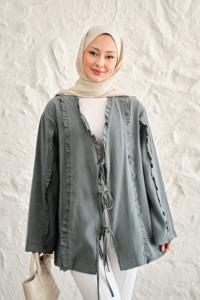 LOCCO Γυναικείο κιμονό με λεπτομέρεια κορδονιών και δέσιμο μπροστά, σε πράσιν...