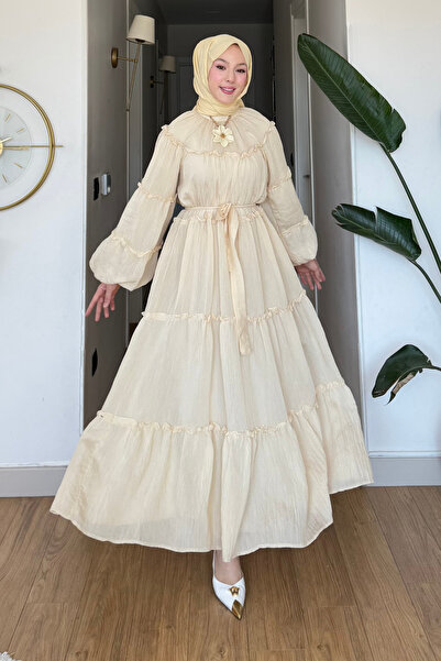 Tesettür Diyarı Φόρεμα Χιτζάμπ από Ύφασμα Μοντάλ Τούλι Parlin με Ζώνη - Κρεμ