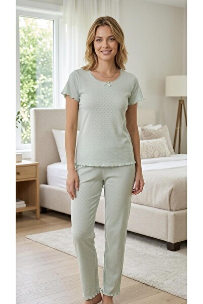 seamlife 1803 Heart-Shaped 100% Cotton Perforated Fabric Round Neck Pajama Set