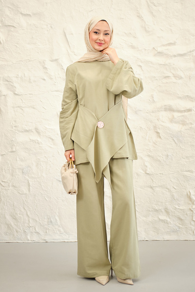 LOCCO Γυναικείο κοστούμι παντελόνι με δέσιμο στη μέση, υδάτινο πράσινο