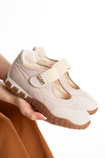 SEFERİ Women's Beige Color Comfortable Sole Velcro Ballerina Casual Sports Sh...