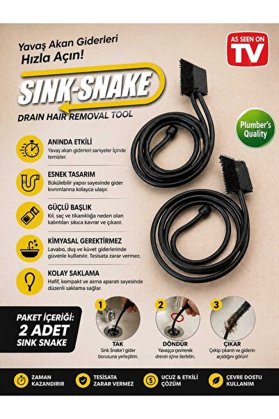 ASG Lavabo ve Gider Açıcı Turbo Sink Snake Spiral Lavabo Açıcı 2’li paket