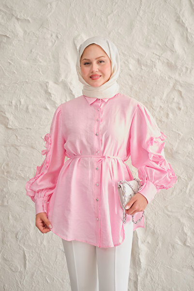 LOCCO Γυναικείο πουκάμισο με βολάν στα μανίκια και δέσιμο στη μέση, ροζ