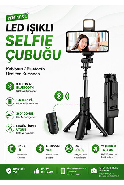 SAYMOND Led Işıklı Selfie Çubuğu Bluetooth Kumandalı Kablosuz Tripot Selfie M...