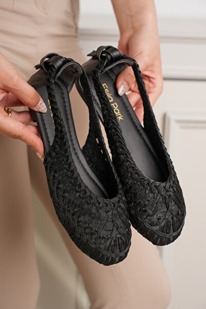 Esilapark Μαύρα γυναικεία σανδάλια μπαλαρίνας με επίπεδο τακούνι και πλεκτά π...