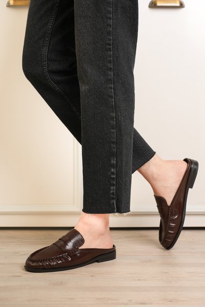 Esilapark Brown Patent Leather Loafer Slippers Hand-Sewn Anti-Slip Sole Comfortable for Daily Use