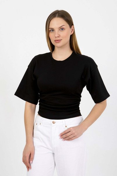 HDM Tricou negru pentru femei, cu mâneci scurte și laterale strânse - H6085