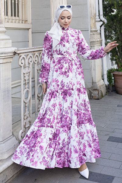 benguen Patterned Hijab Jessica Dress B589 Fuchsia