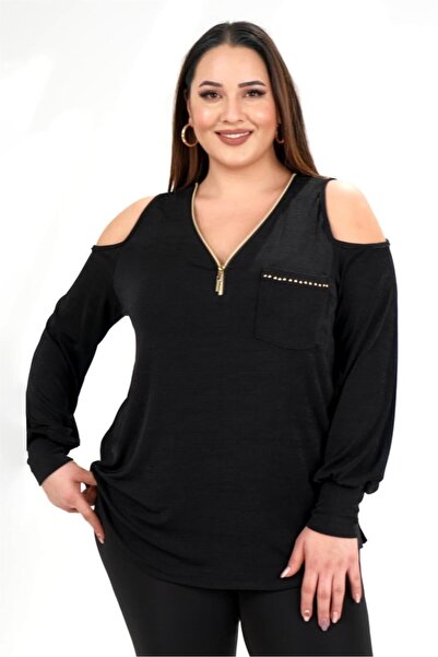 Roxxlen Women's Plus Size Zippered Off-Shoulder Blouse