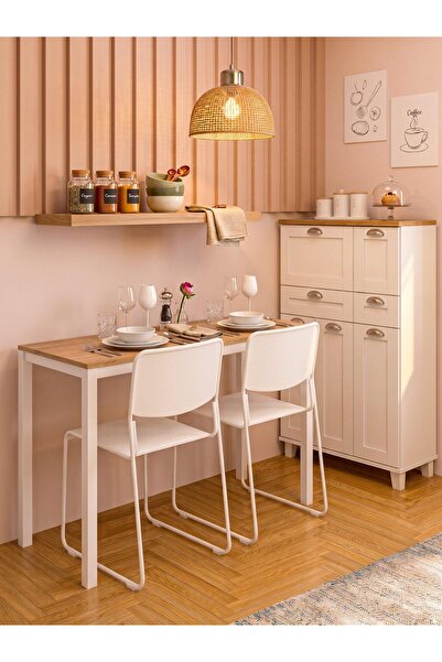 İREM Minimal Meşe Desenli Çok Amaçlı Mutfak Masası – 116x45x75cm | Beyaz Meta...