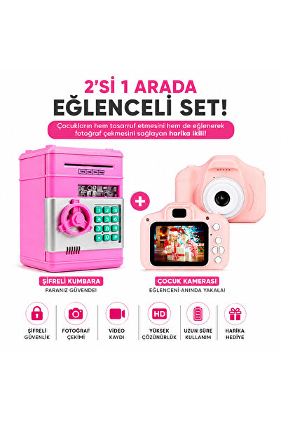 electroawm Çocuk Fotoğraf Makinesi + Şifreli Kumbara Seti Eğitici Oyuncak Hed...