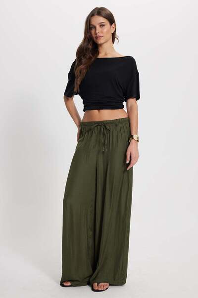 Tudors Γυναικείο παντελόνι χακί με άνετη εφαρμογή, ελαστική μέση με κορδόνια ...