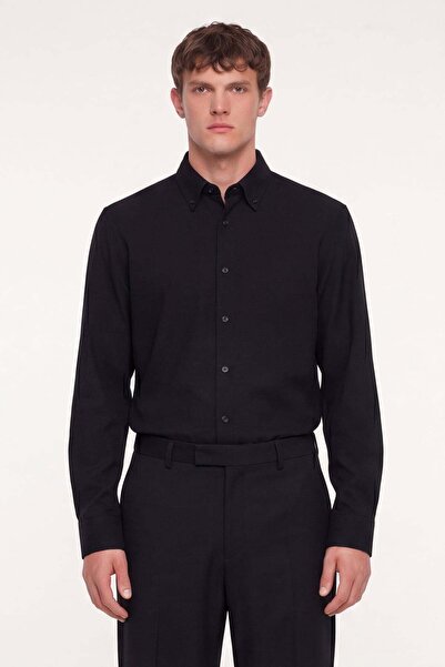 Sabri Özel Erkek Siyah Dar Kesim Slim Fit Pamuklu Düz Örme Uzun Kollu Düğmeli...