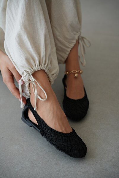 selin shoes Zovia Πλεκτή Λεπτομέρεια Γυναικεία Μπαλαρίνα - ΜΑΥΡΗ