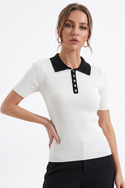 Abruzzo Tricou alb cu guler polo, cu mânecă scurtă, cu nasturi, tricotaj subț...