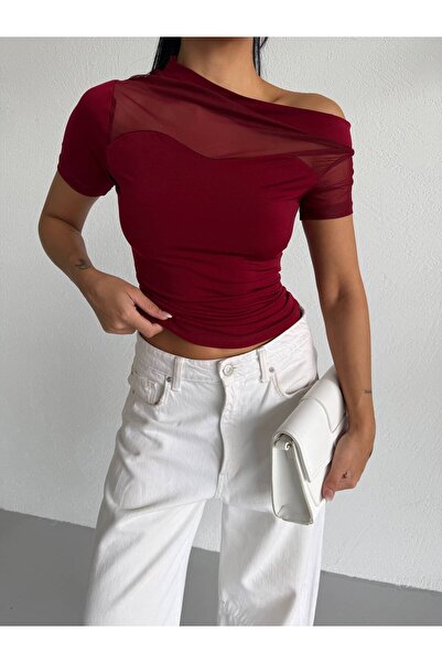 QUTTA Γυναικεία μπλούζα από ύφασμα σάντι με κοντό μανίκι, μπορντό, με τούλι σ...