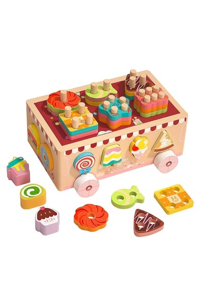 ETOY Carucior sortator de forme din lemn, cu tematica dulciuri, multicolor pe...