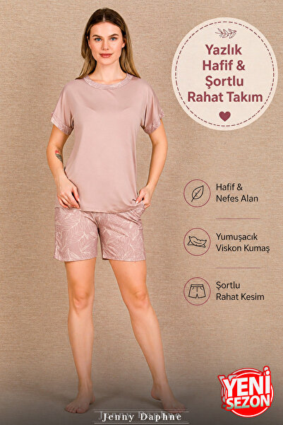 Jenny Daphne Γυναικείο σετ πιτζάμες από βισκόζη με σορτς, κοντομάνικο, με λαι...