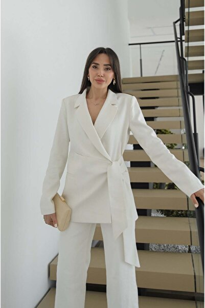 Havoş Εκρού Διπλόπλευρο Λινό Σακάκι με Δέσιμο