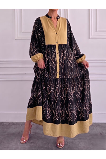 mass fashion Γυναικείο μακρύ φόρεμα από βισκόζη με σχέδια και λεπτομέρειες στ...