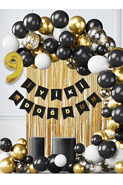 Parti Zamanı 9 Yaş Balonlu Siyah Konsept Doğum Günü Balon Zinciri Toplam 35 P...