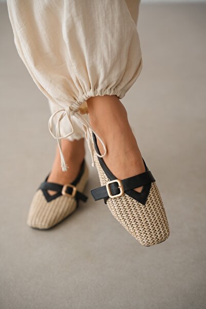 selin shoes Virea Ψάθινα πλεκτά γυναικεία μπαλαρίνες με ρυθμιζόμενη χρυσή αγκ...