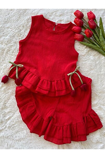 Portakal Bebek Lale Aksesuarlı Fırfırlı Muslin Kız Çocuk İkili Takım