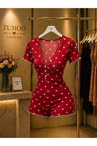 ZUMOO Kalp Desenli Kadın Tulum Pijama Düğmeli Şort Tulum Ev Giyim Rahat Şık