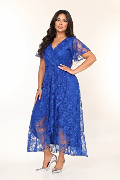 hazelin Γυναικείο Saks Μπλε Μεγάλο Μέγεθος V-λαιμόκοψη με Λεπτομέρεια Δαντέλα...