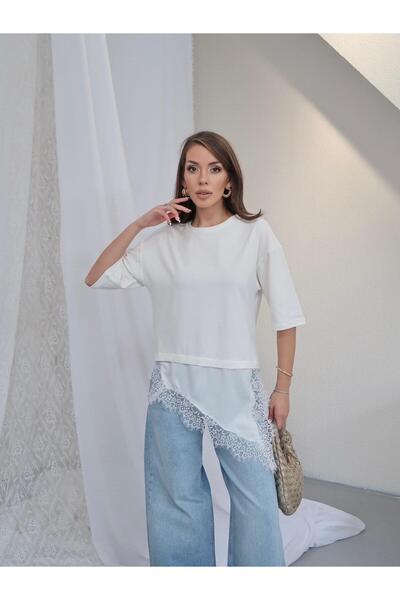 Vooz Tricou de bază cu dantelă ecru pentru femei, croială supradimensionată, ...