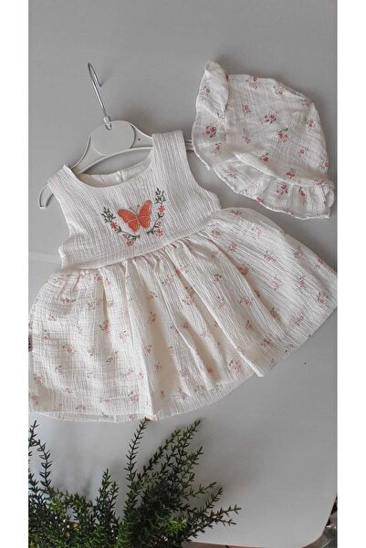 Leylababybutik Kelebek Nakışlı Şapkalı Müslin Kız Bebek Elbisesi