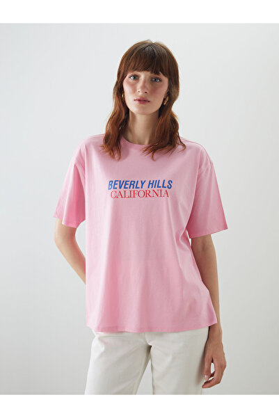 LC Waikiki Tricou de damă supradimensionat, cu guler rotund și imprimeu Calif...