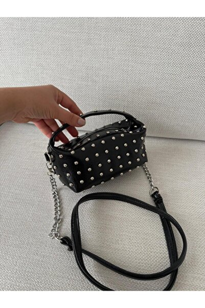 melecco Black Chain Strap Women's Bag Staple Detailed Mini Shoulder Bag Styli...
