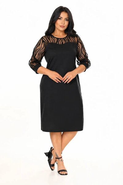 hazelin Γυναικείο μαύρο φόρεμα με μανίκια με φλοκ επένδυση σε μεγάλο μέγεθος ...